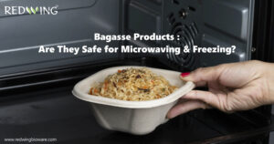 Eco-friendly bagasse food containers with microwave and freezer icons, highlighting safety for heating and freezing use.