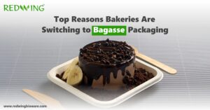 Chocolate cake served in a biodegradable tray made from Bagasse Packaging, promoting eco-friendly bakery packaging by Redwing Bioware.