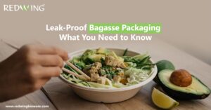 Hand using chopsticks to eat from an eco-friendly bagasse bowl filled with vegetables and tofu, promoting leak-proof bagasse packaging by Redwing Bioware.