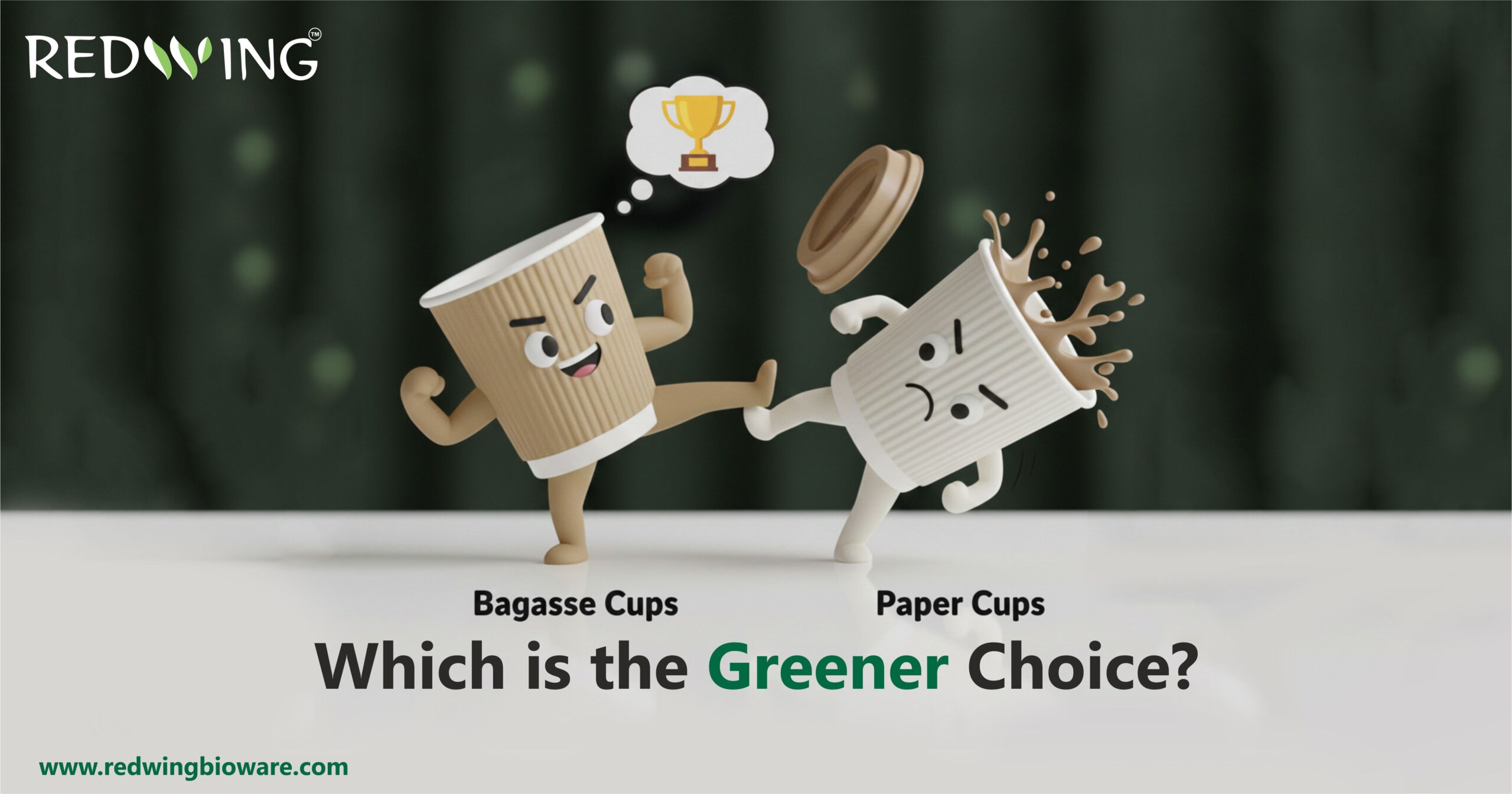“Illustration comparing bagasse cups vs paper cups for sustainability, showing eco-friendly bagasse cup winning over paper cup, highlighting biodegradable, compostable, and greener food packaging choices by Redwing Bioware.”